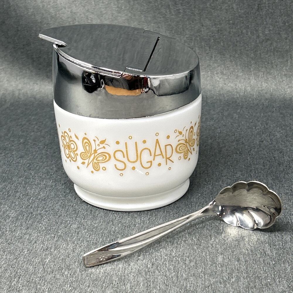 Vintage Gemco Butterfly Gold Milk Glass Sugar Bowl Flip Top Lid WM Rodgers Spoon